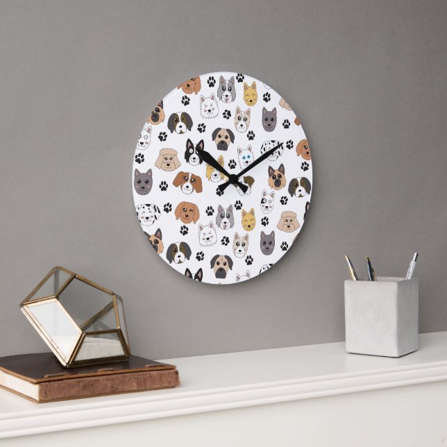 Colourful Cute Funny Dogs & Dog Paw Pattern Large Clock (Office)