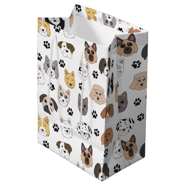 Colourful Cute Funny Dogs & Dog Paw Pattern Medium Gift Bag (Front Angled)
