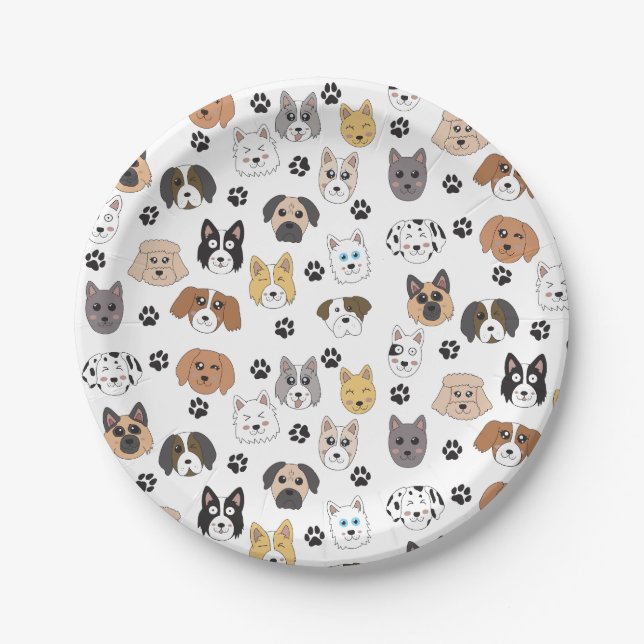 Colourful Cute Funny Dogs & Dog Paw Pattern Paper Plate (Front)