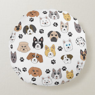 Colourful Cute Funny Dogs & Dog Paw Pattern Round Cushion