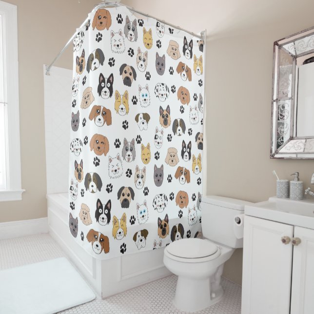 Colourful Cute Funny Dogs & Dog Paw Pattern Shower Curtain (In Situ)