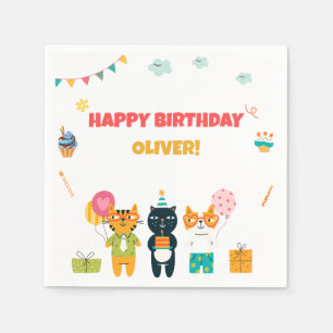 Colourful Cute Funny Kitty Cats Happy Birthday Napkin
