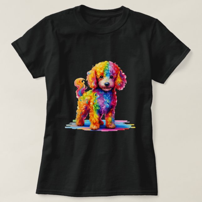 Colourful Cute Funny Rainbow Dog Poodle T-Shirt (Design Front)