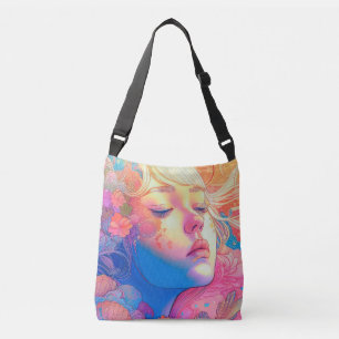 Colourful Cute Girl Surrounded by Flowers Artwork Crossbody Bag