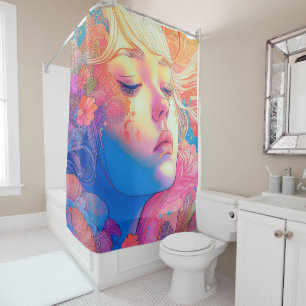 Colourful Cute Girl Surrounded by Flowers Artwork Shower Curtain