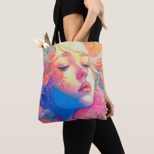 Colourful Cute Girl Surrounded by Flowers Artwork  Tote Bag