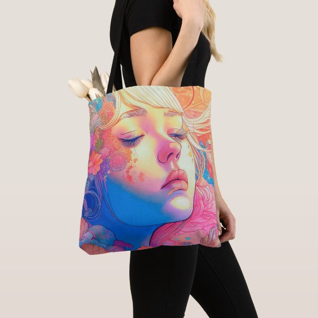 Colourful Cute Girl Surrounded by Flowers Artwork  Tote Bag (Close Up)