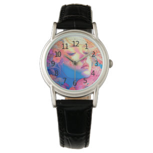 Colourful Cute Girl Surrounded by Flowers Artwork  Watch