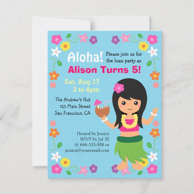 Colourful Cute Hawaii Hula Girl Luau Party Invitation (Front)