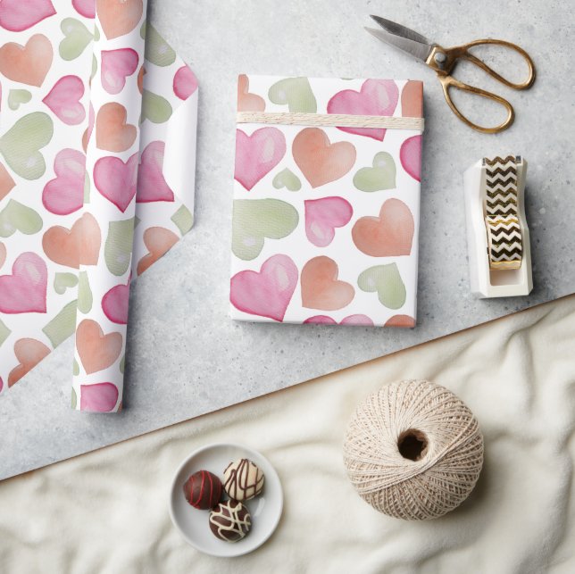 Colourful Cute Hearts Watercolor Pattern Wrapping Paper (Crafts)