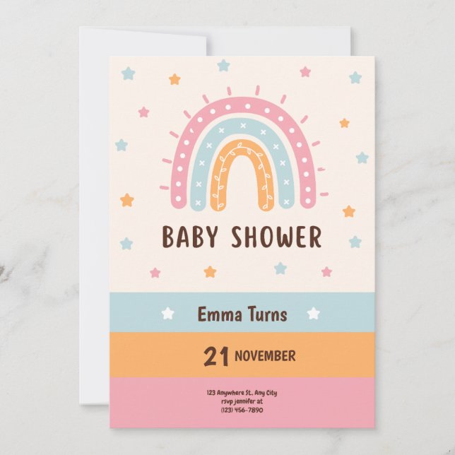 Colourful Cute Illustrated Boho Rainbow Baby Showe Save The Date (Front)