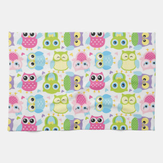 Colourful cute little owls pattern tea towel