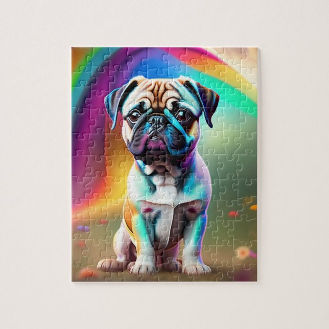 Colourful Cute Little Pug With Rainbow Colours, Pu Jigsaw Puzzle (Vertical)
