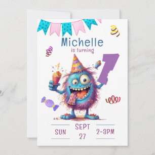 Colourful Cute Monster One Year Birthday Invitatio Invitation