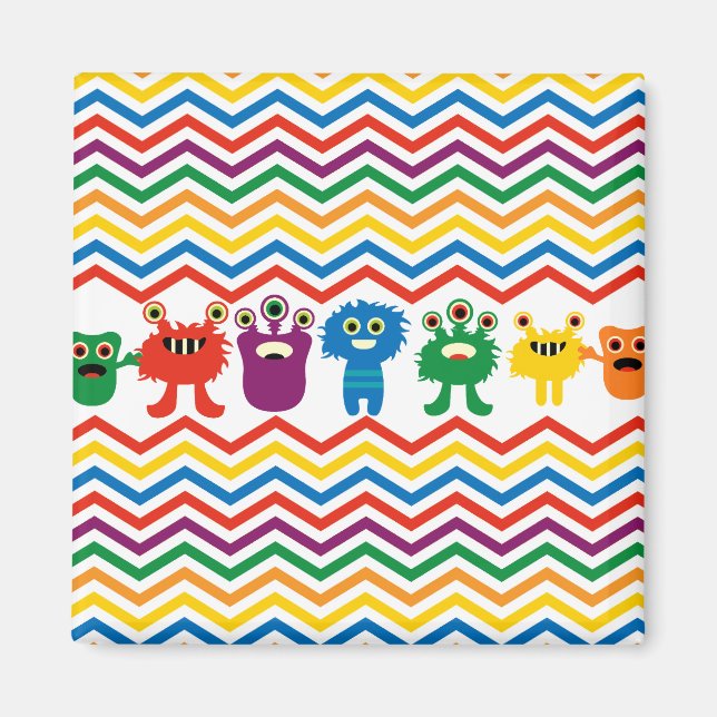 Colourful Cute Monsters Fun Chevron Striped Patter Magnet (Front)