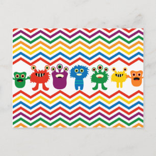 Colourful Cute Monsters Fun Chevron Striped Patter Postcard