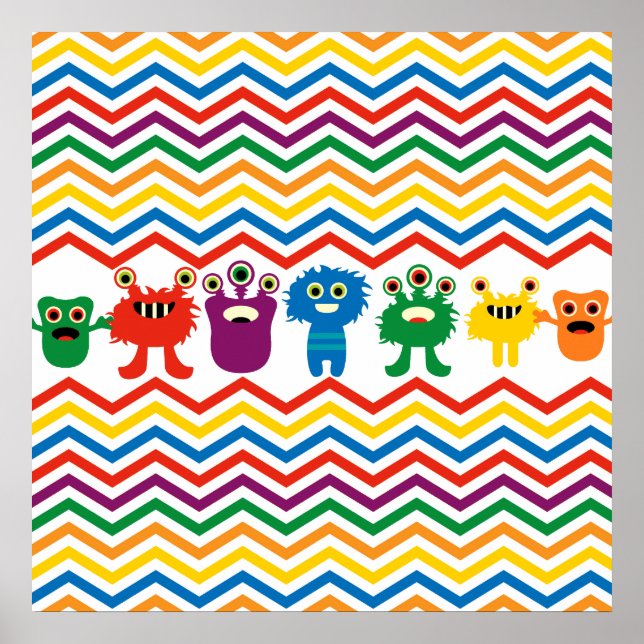Colourful Cute Monsters Fun Chevron Striped Patter Poster (Front)