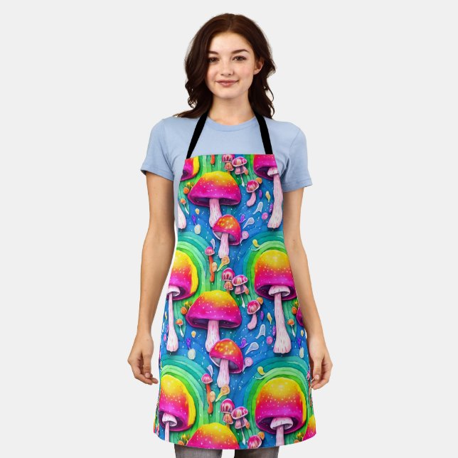 Colourful Cute Mushroom Seamless Pattern Apron (Worn)