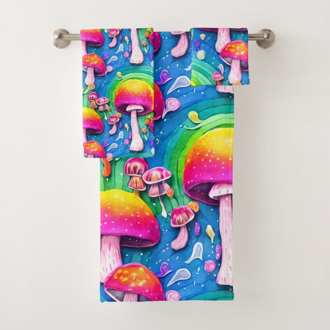 Colourful Cute Mushroom Seamless Pattern Bath Towel Set (Insitu)