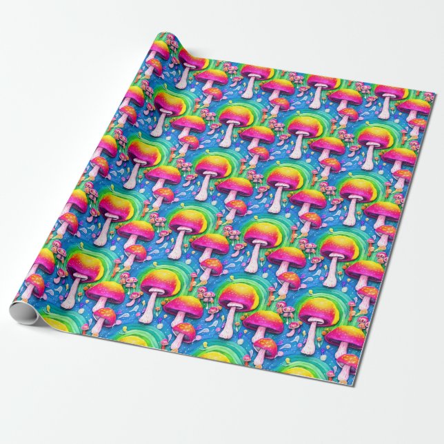 Colourful Cute Mushroom Seamless Pattern Wrapping Paper (Unrolled)