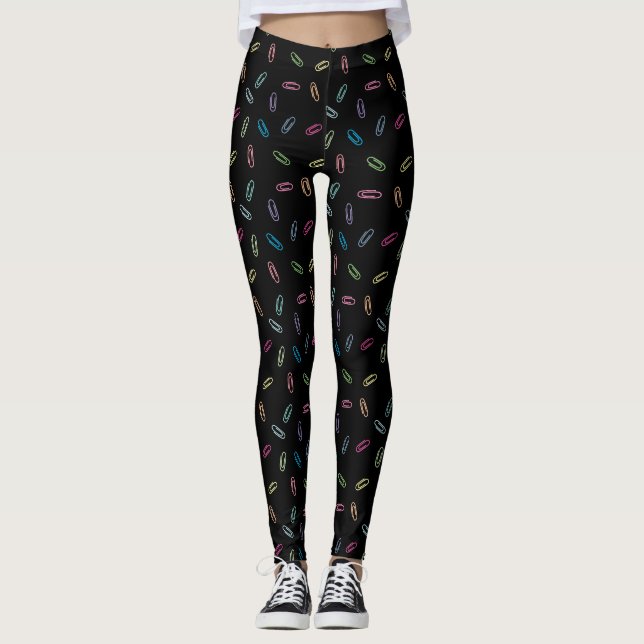Colourful Cute Pastel Paper Clips Pattern on Black Leggings (Front)