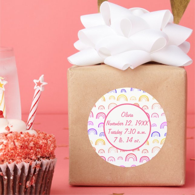 Colourful Cute Pink Peach Yellow Rainbow Pattern Classic Round Sticker (Party)