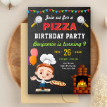 Colourful Cute Pizza Kids Birthday Party Invitatio Invitation<br><div class="desc">Amaze your guests with this cool pizza birthday party invite featuring an adorable little chef and a beautiful brick oven with colourful typography against a chalkboard background. Simply add your event details on this easy-to-use template to make it a one-of-a-kind invitation. Flip the card over to reveal an elegant red...</div>