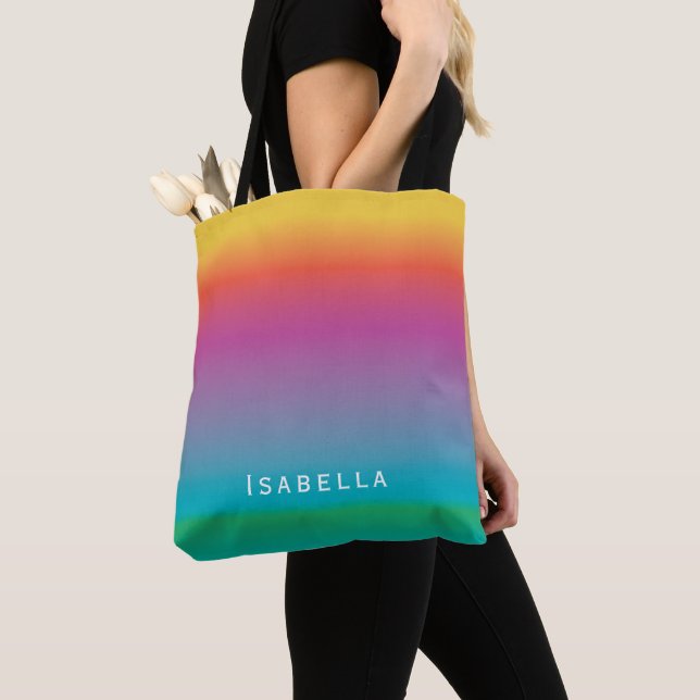 Colourful Cute Rainbow Gradient Ombre Monogram Tote Bag (Close Up)