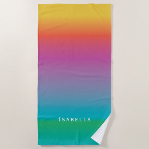 Colourful Cute Rainbow Ombre Watercolor Monogram Beach Towel