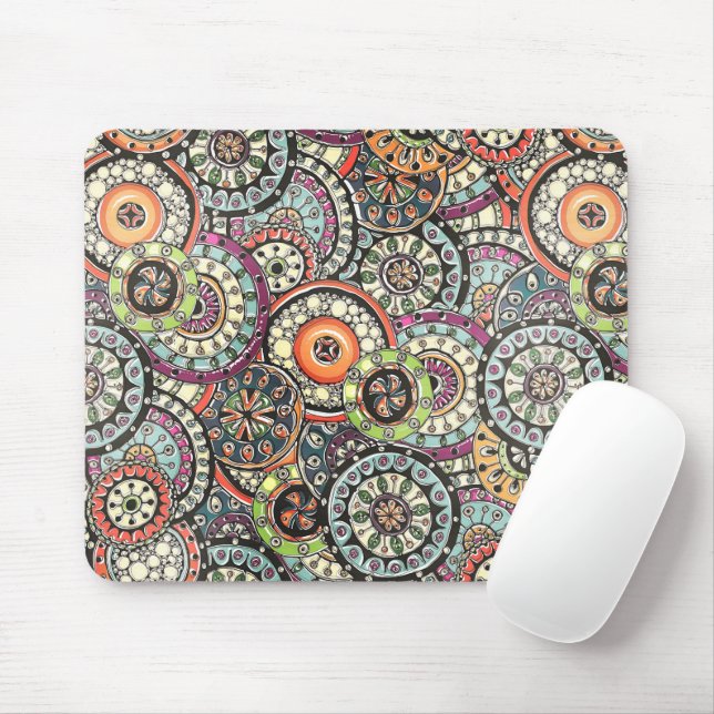 Colourful Cute Retro Chic Floral Circles Pattern Mouse Mat (With Mouse)