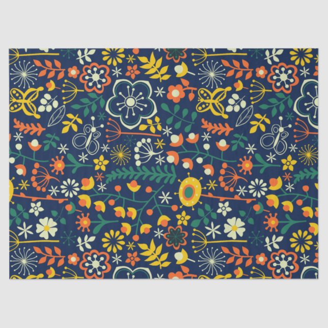 Colourful Cute Retro Flowers & Leafs Pattern Tissue Paper (Front)
