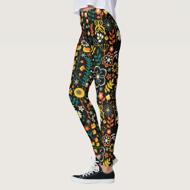 Colourful Cute Retro Flowers Pattern Leggings (Left)