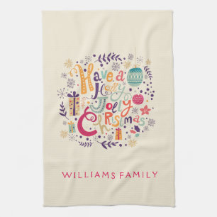 Colourful Cute Retro Holly Jolly Christmas Tea Towel