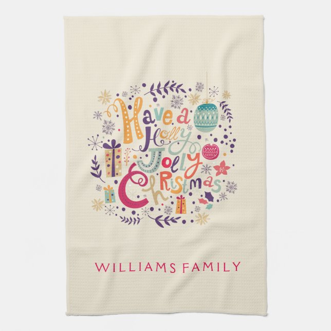 Colourful Cute Retro Holly Jolly Christmas Tea Towel (Vertical)