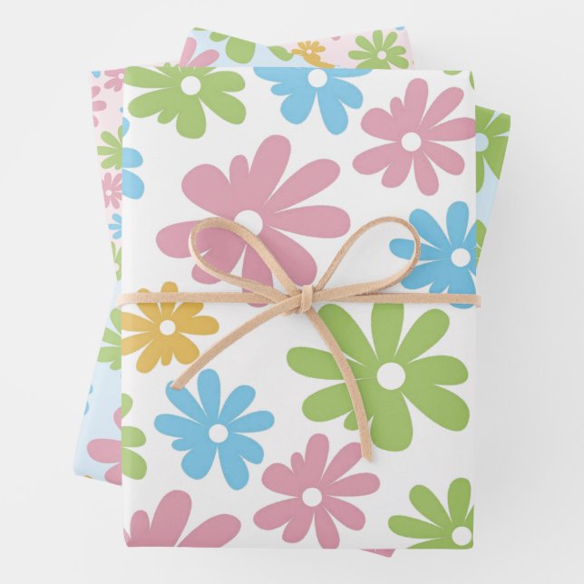 Colourful Cute Retro Summer Flower Art Pattern Wrapping Paper Sheet (In situ)