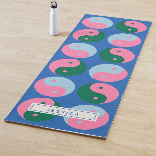 Colourful Cute Retro Yin Yang Blue Personalised Yoga Mat (In Situ)