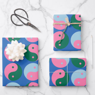 Colourful Cute Retro Yin Yang Pattern Blue Green Wrapping Paper Sheet