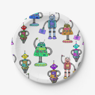Colourful cute robots on white background paper plate