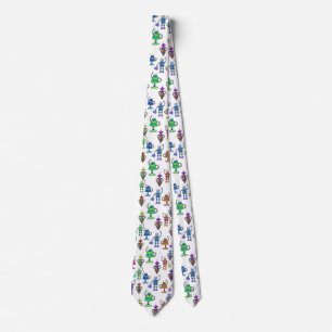 Colourful cute robots on white background tie