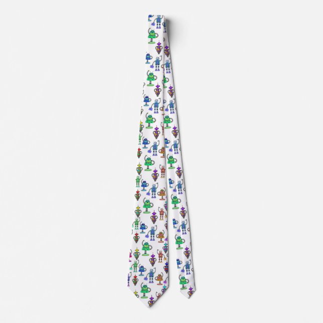 Colourful cute robots on white background tie (Front)