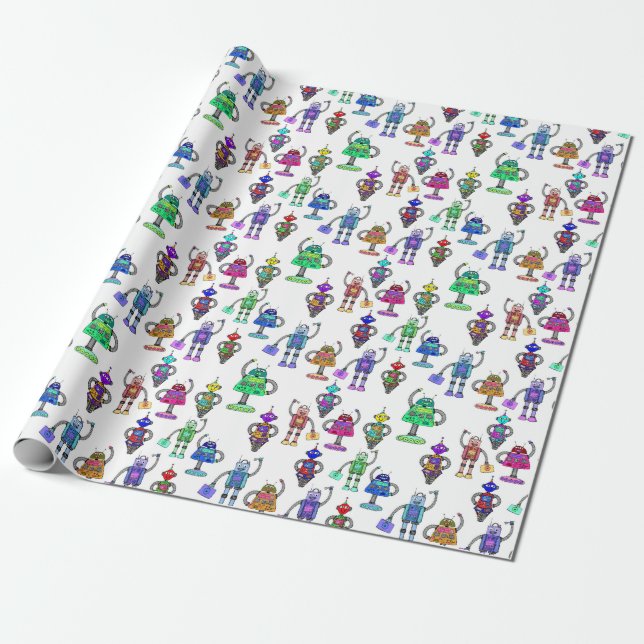 Colourful cute robots on white background wrapping paper (Unrolled)