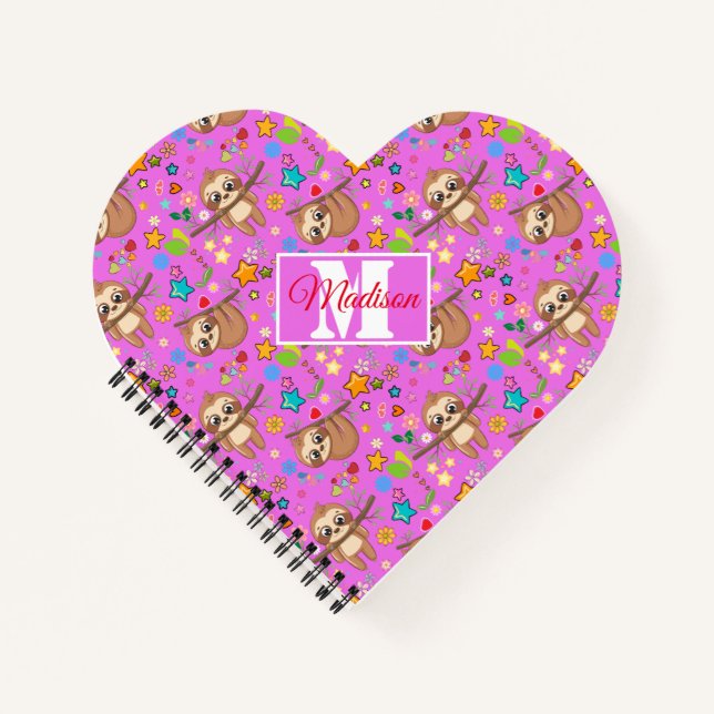 Colourful Cute Sloth Pattern | Add Your Name Heart Notebook (Front)