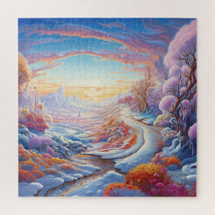 Colourful Cute Snow Winter Trees Nature View Jigsaw Puzzle