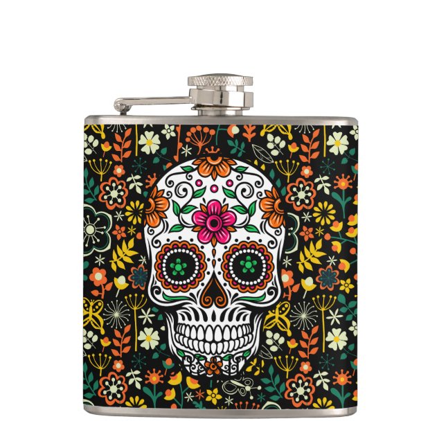 Colourful Cute Sugar Skul And Retro Flowers Hip Flask (Front)