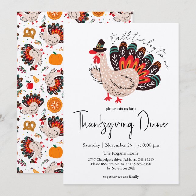 Colourful Cute Turkey Thanksgiving Dinner Invitation (Front/Back)