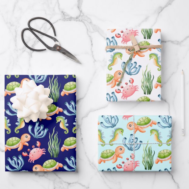 Colourful Cute Underwater Sea Life Kids Wrapping Paper Sheet (Front)