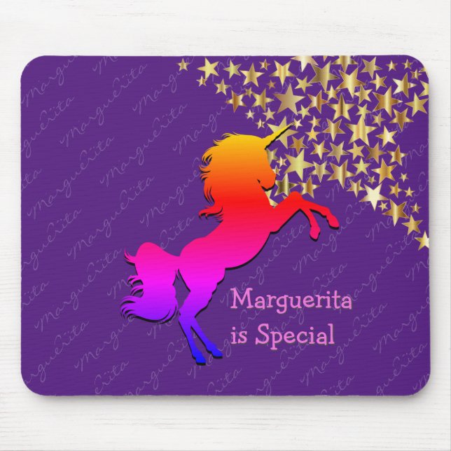 Colourful, cute UNICORN Personalised PURPLE Mouse Mat (Front)