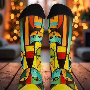 Colourful Cute Whimsical Art Cat Socks