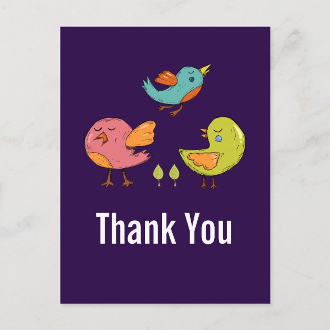 Colourful Cute Whimsical Birds Thank You Postcard (Front)