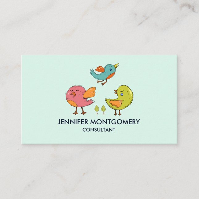 Colourful Cute Whimsical Birds Trio Business Card (Front)